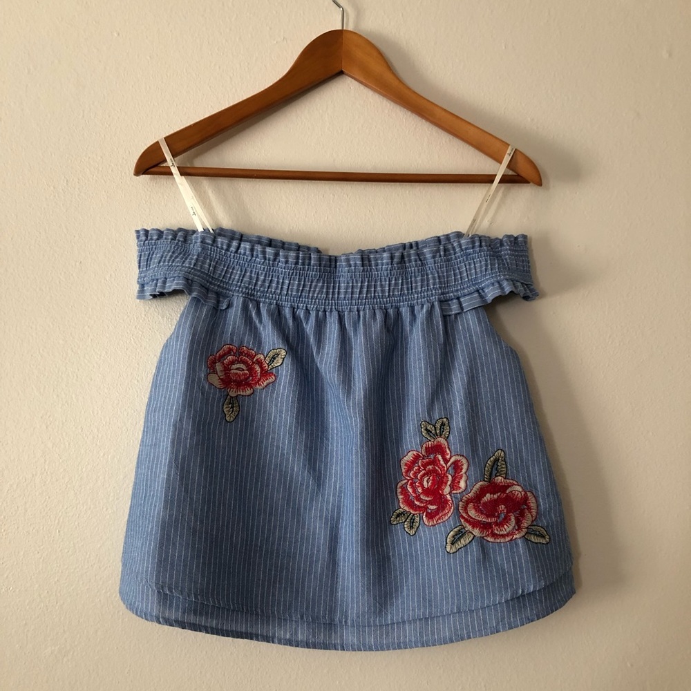 NWOT Embroidered Floral Off the Shoulder Blue Top